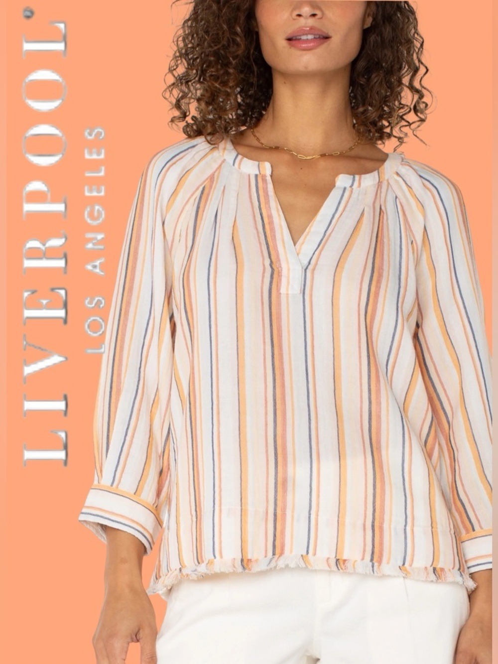 Liverpool Los Angeles NWT $89 3/4 Sleeve Raglan Top Fray Hem Orange Multi Stripe